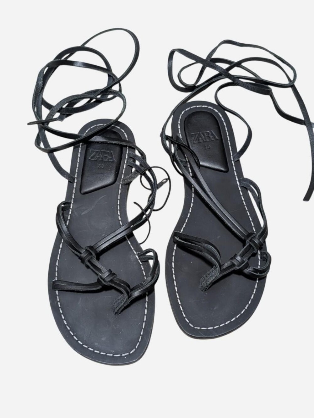 NWT New Zara Flat Leather Strappy Wrap Gladiator Style Sandals Black Size 7.5